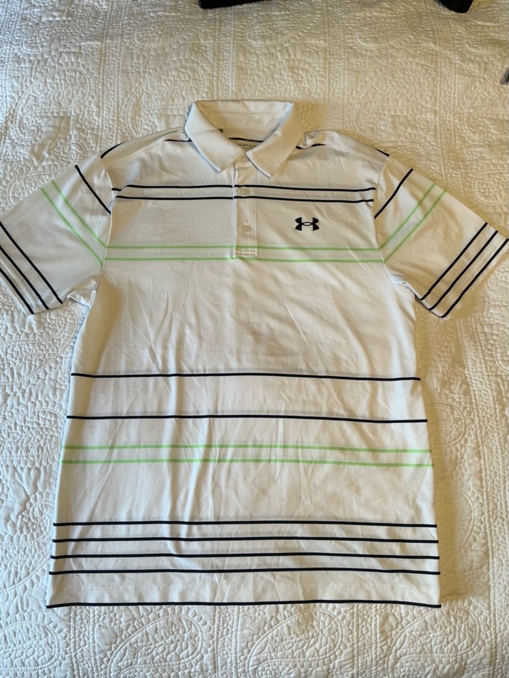 Under Armour The Playoff Polo Golf Shirt Men’s M, White + Navy/Green Stripes